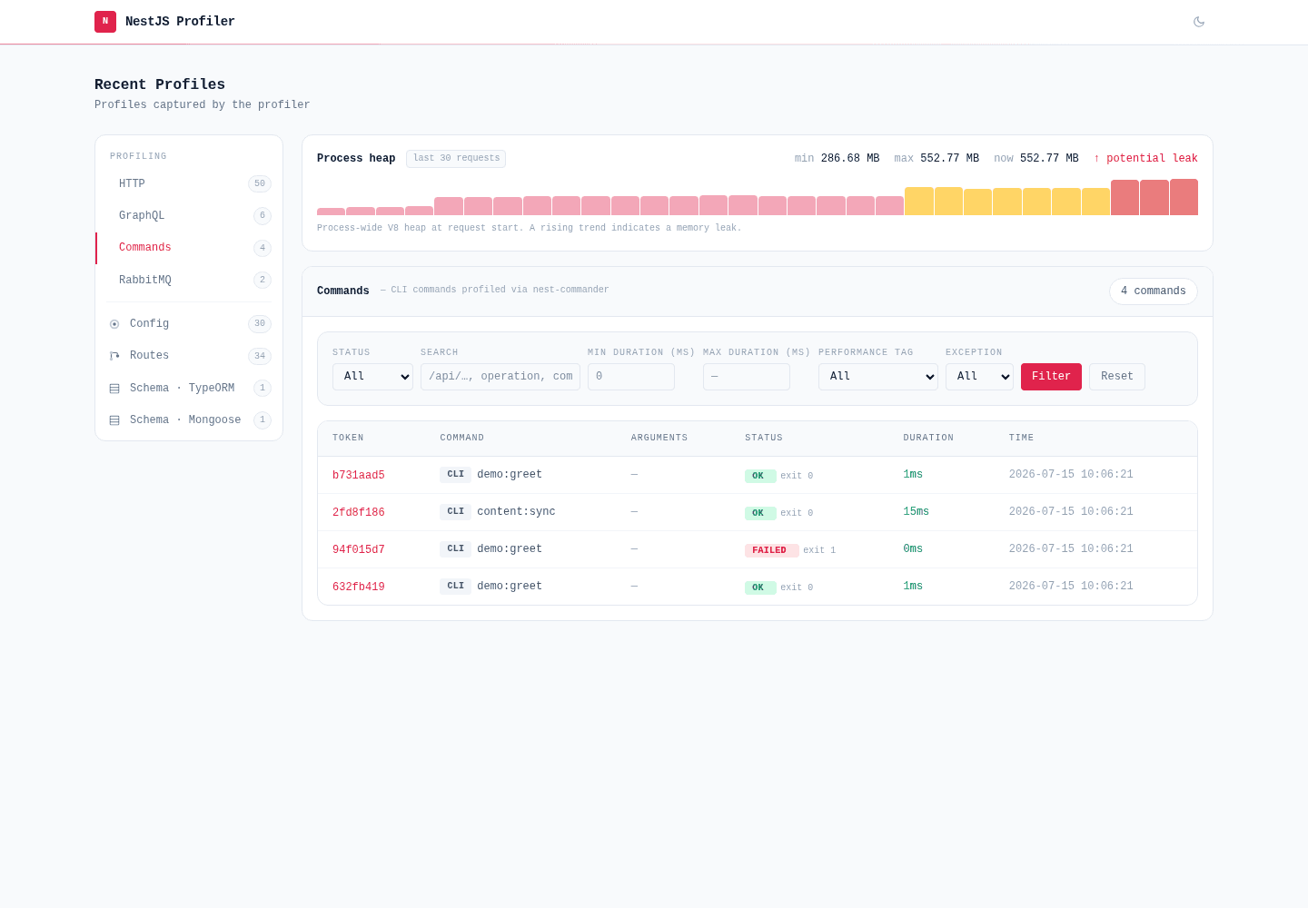 Commands view — every profiled CLI command with its status, exit code and duration