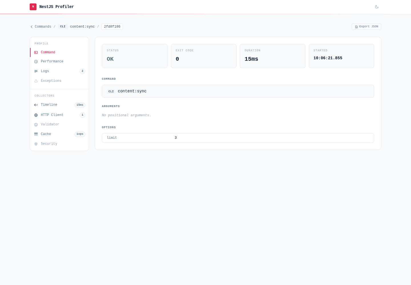 Command tab — a profiled nest-commander run with its arguments, options and exit code