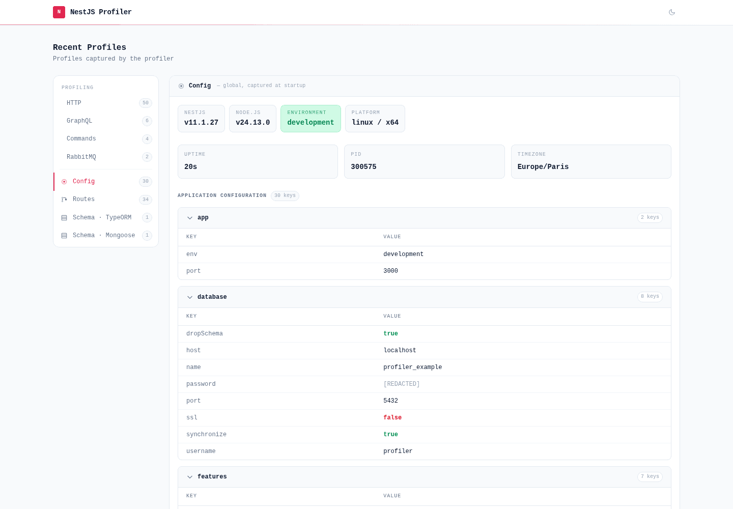 Config panel — flattened configuration keys with secret values masked