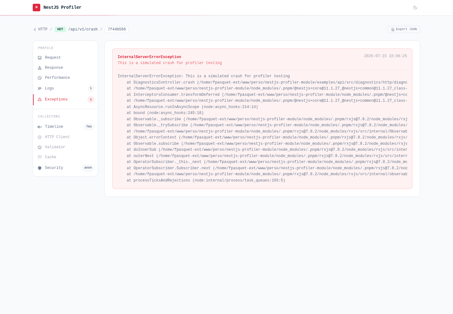 Exceptions tab displaying a captured InternalServerErrorException with its stack trace