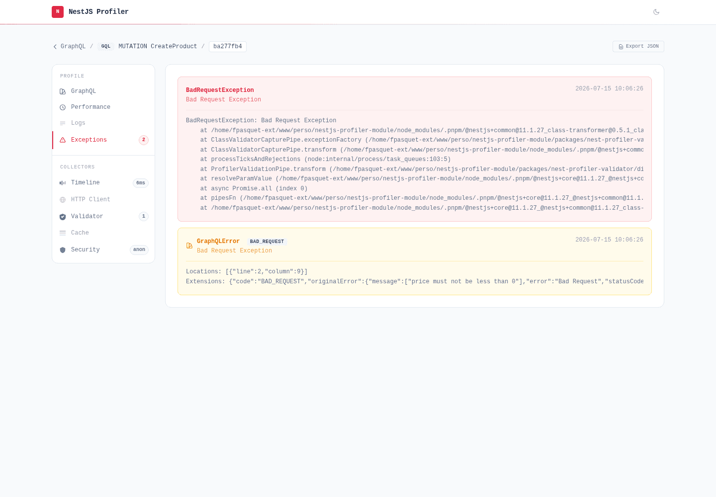 Exceptions tab showing an amber GraphQLError badge with its BAD_REQUEST code, validation message and location