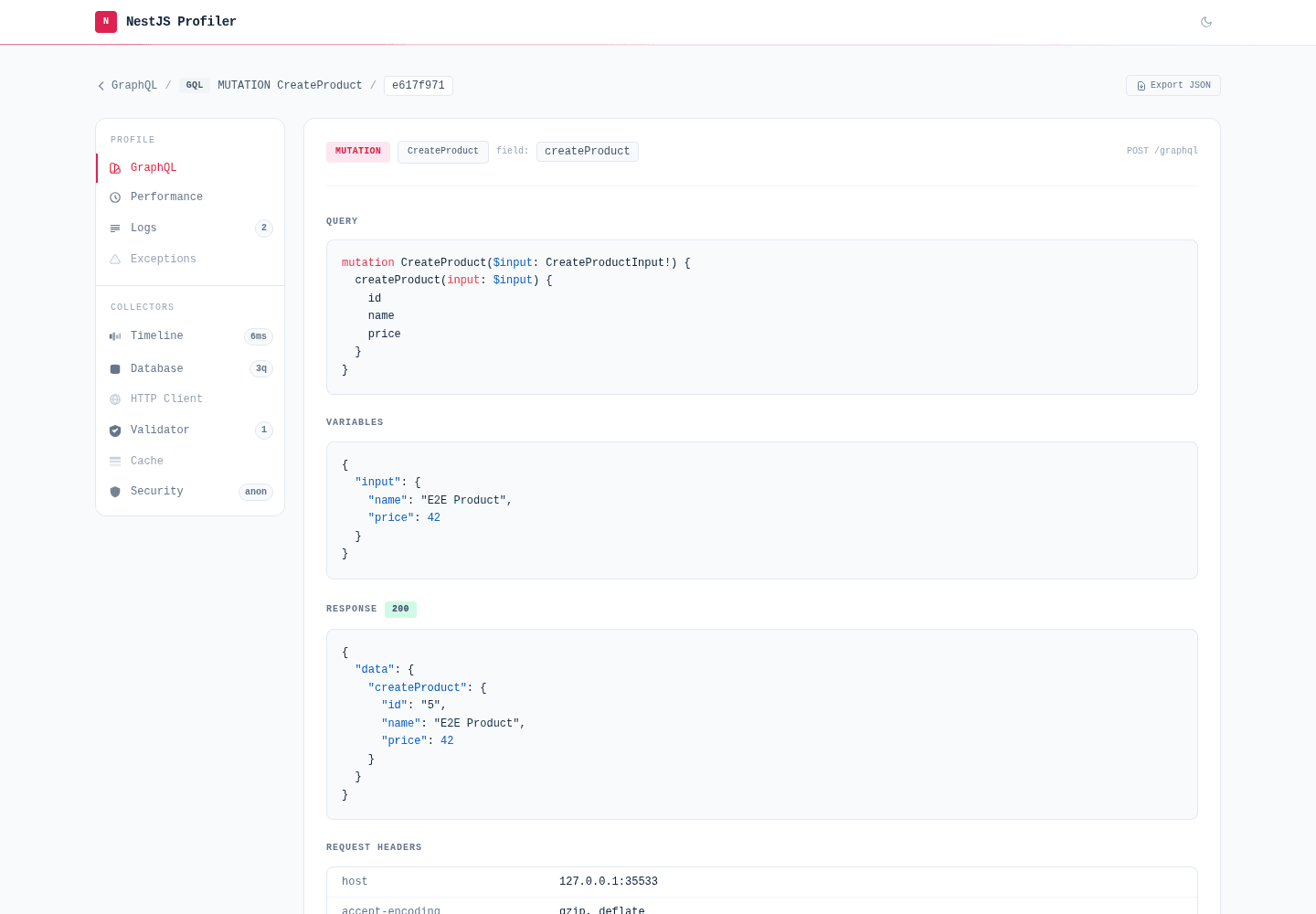 GraphQL detail tab for a Mutation with input variables