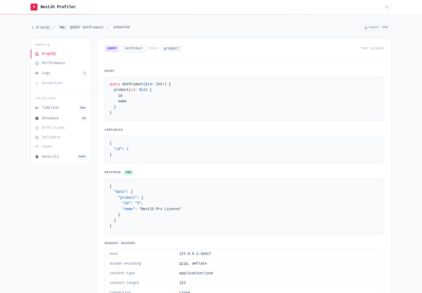 GraphQL detail tab showing operation type, operation name, syntax-highlighted query and variables