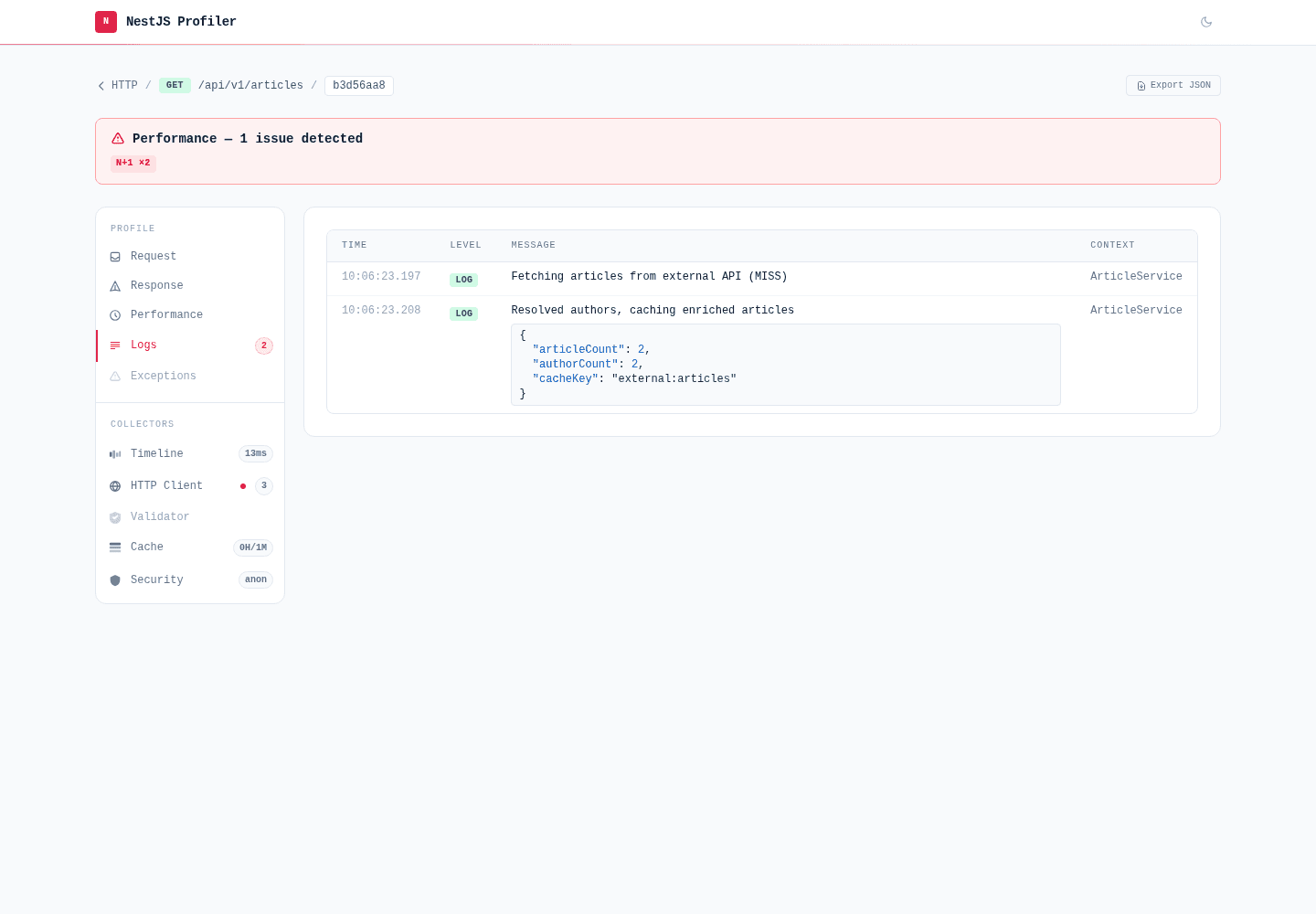 Logs tab showing messages with context names and a structured JSON payload