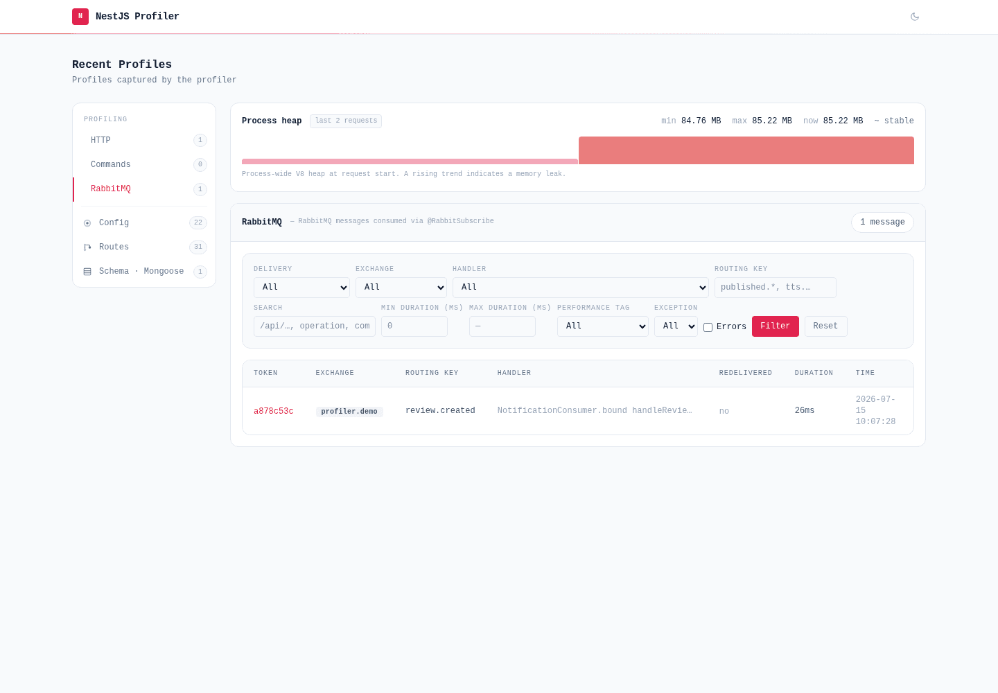 RabbitMQ view showing a consumed review.created delivery and its filters