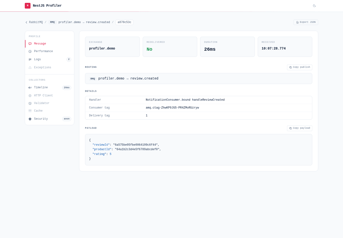 Message tab showing a consumed review.created delivery with exchange, routing key, handler and JSON payload