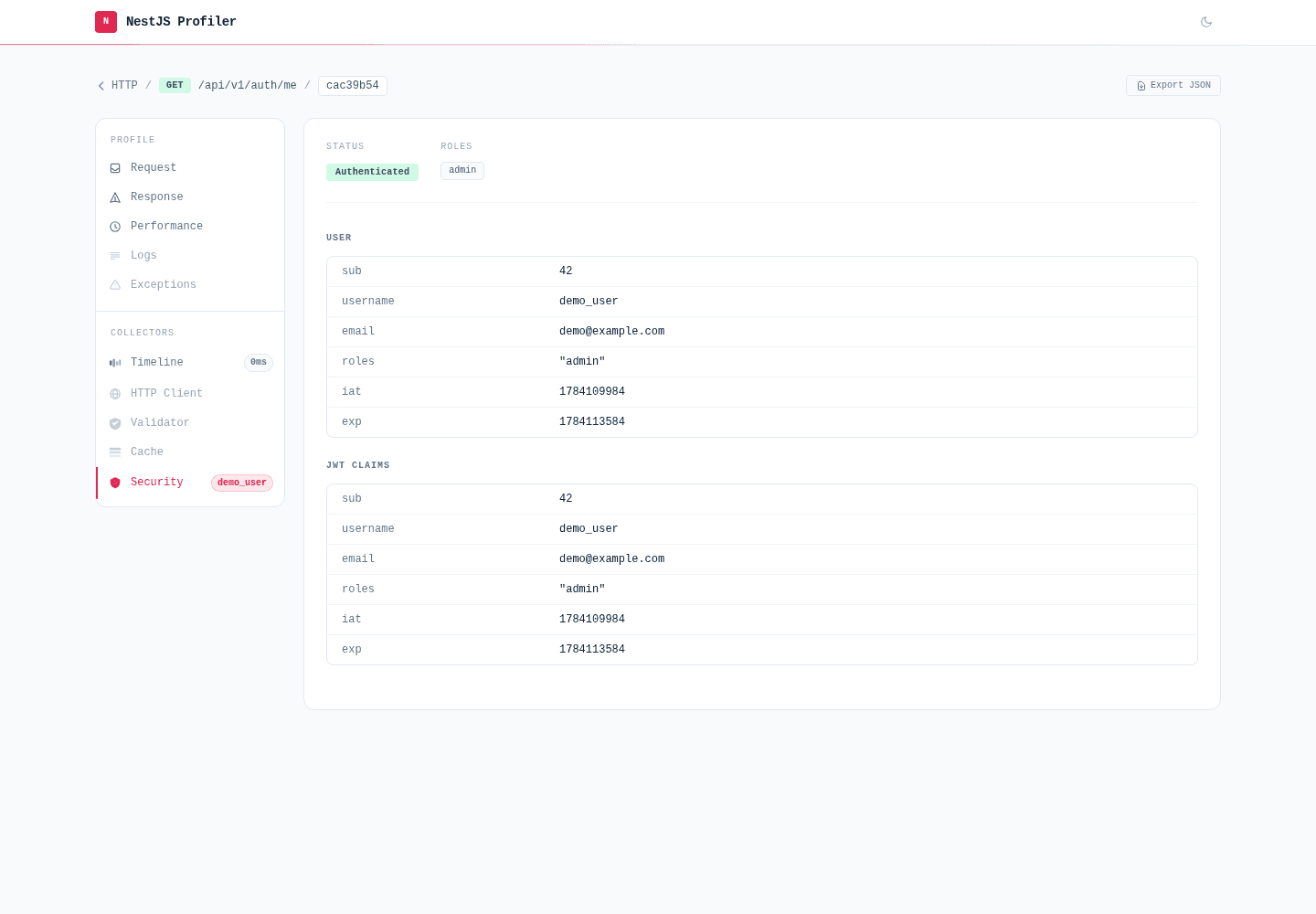 Security panel — authenticated user, roles and decoded JWT claims with sensitive fields masked