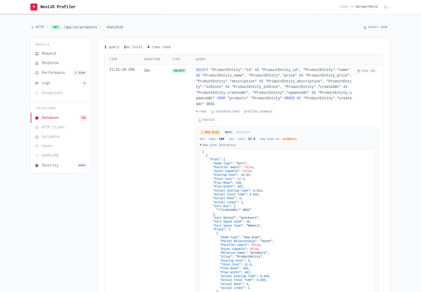 Database panel — a query's EXPLAIN plan expanded, showing the Seq Scan badge, plan type, estimated rows/cost and the raw plan