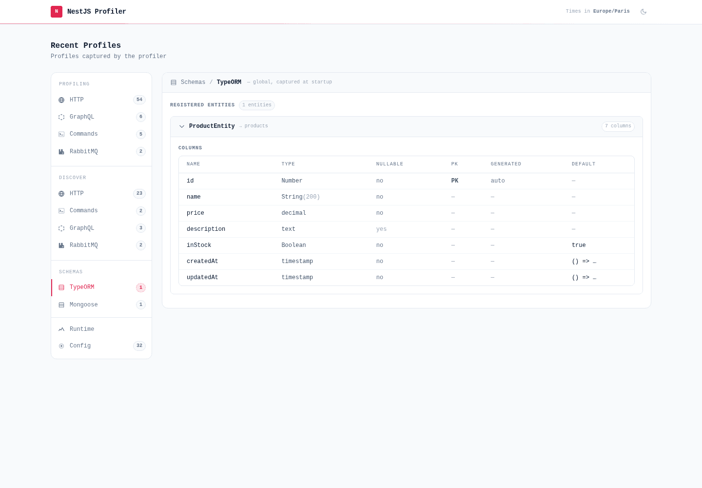Schemas / TypeORM view — the registered entities with their columns, types, primary keys and defaults