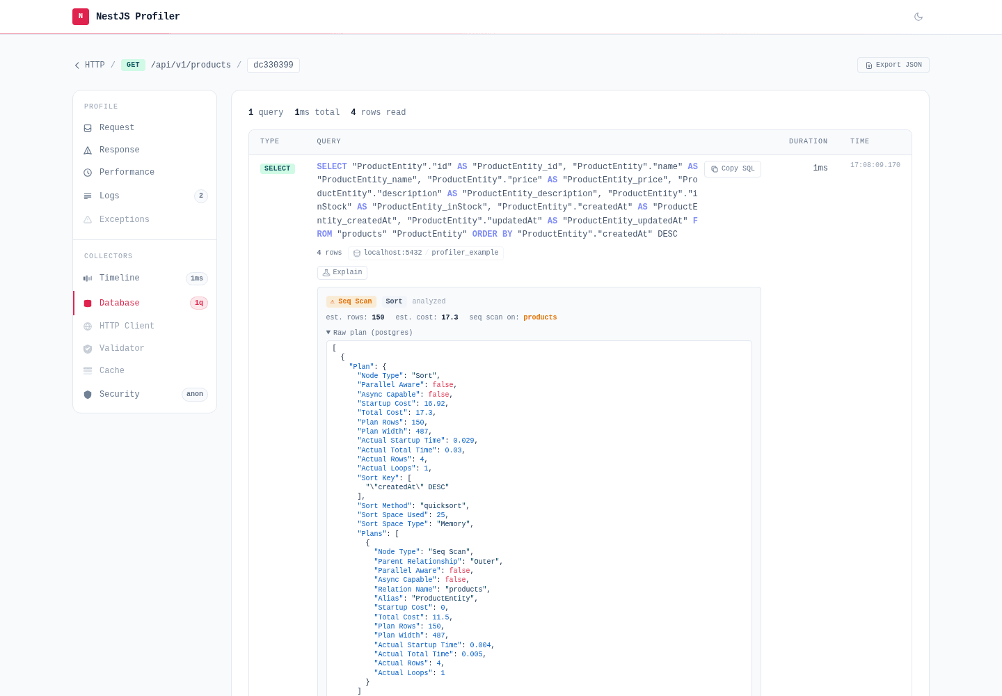 Database panel — a query's EXPLAIN plan expanded, showing the Seq Scan badge, plan type, estimated rows/cost and the raw plan
