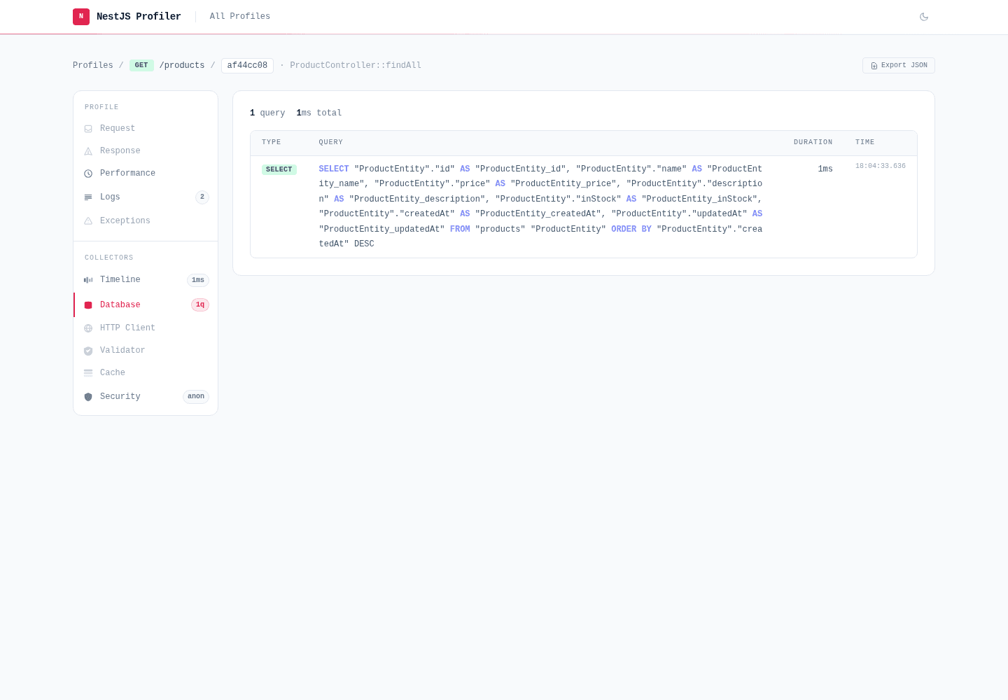 Database panel — TypeORM SQL queries with type badge, duration bar and slow-query highlighting