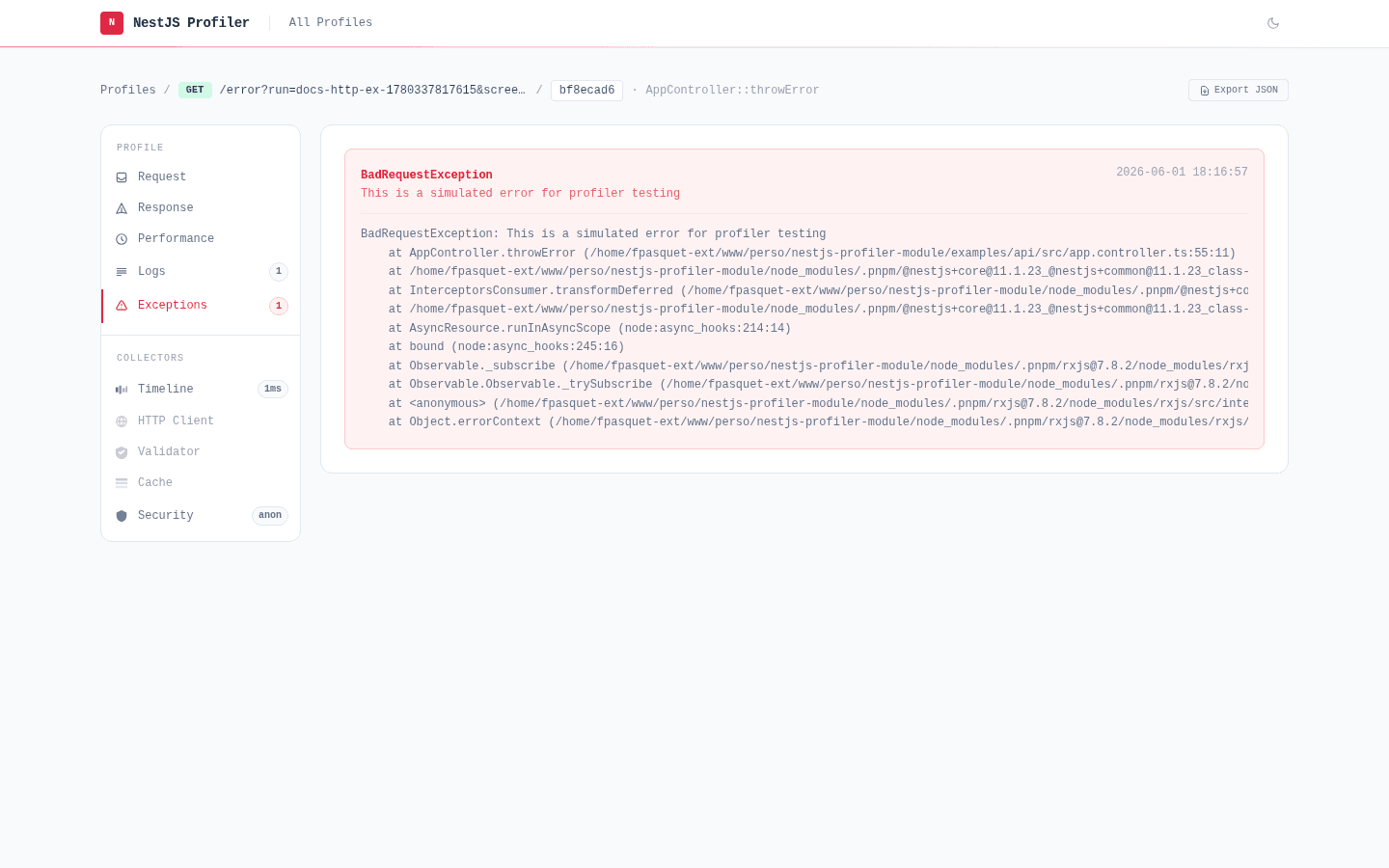 Exceptions tab displaying a captured BadRequestException