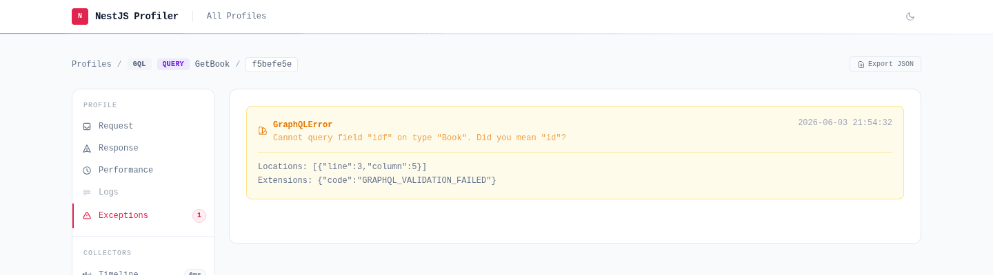 Exceptions tab showing an amber GraphQLError badge with validation error message and location