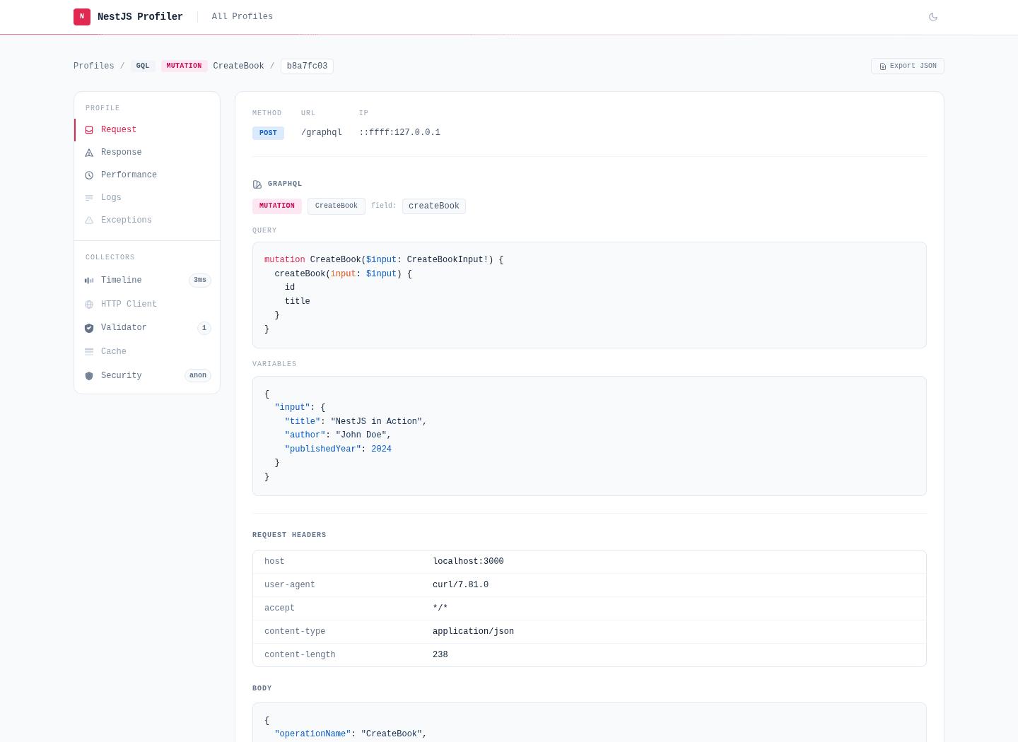 Request tab showing the GraphQL section for a Mutation with input variables
