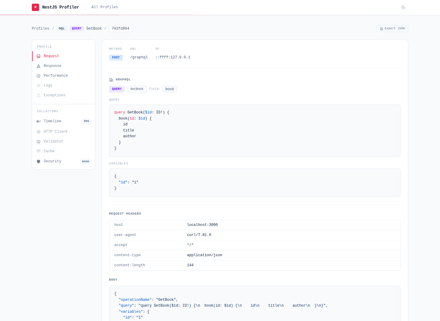 Request tab showing the GraphQL section with operation type, name, syntax-highlighted query and variables (Query)