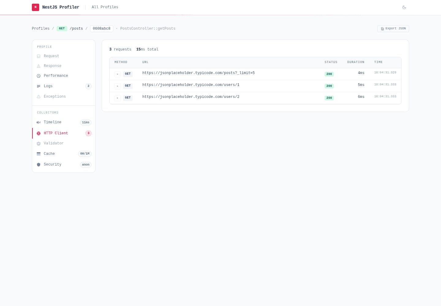 HTTP Client panel — outgoing requests with method, URL, status and duration