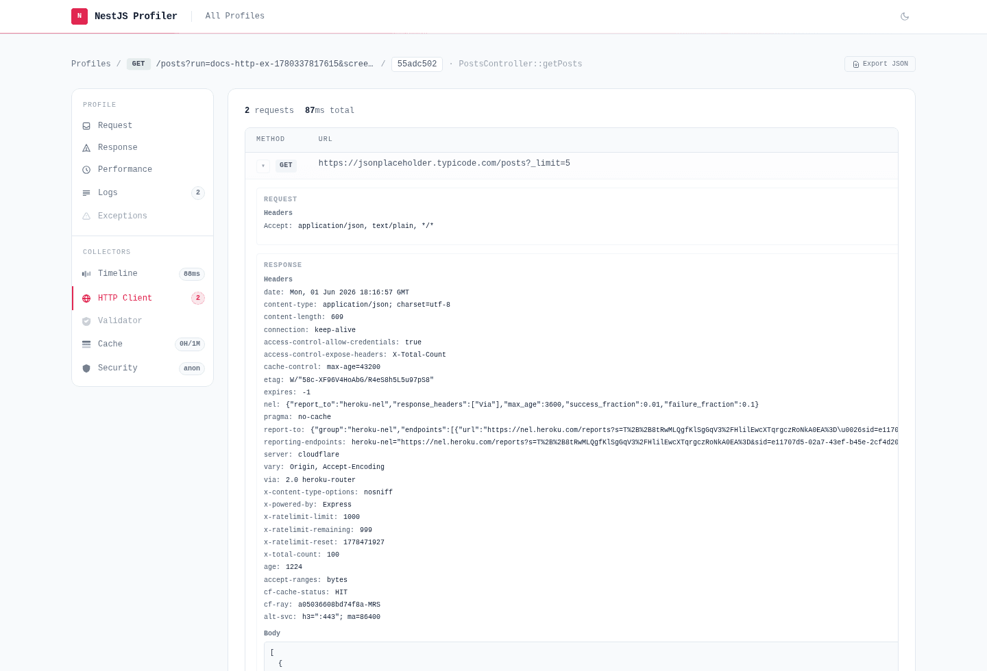 HTTP Client tab showing a GET call to JSONPlaceholder