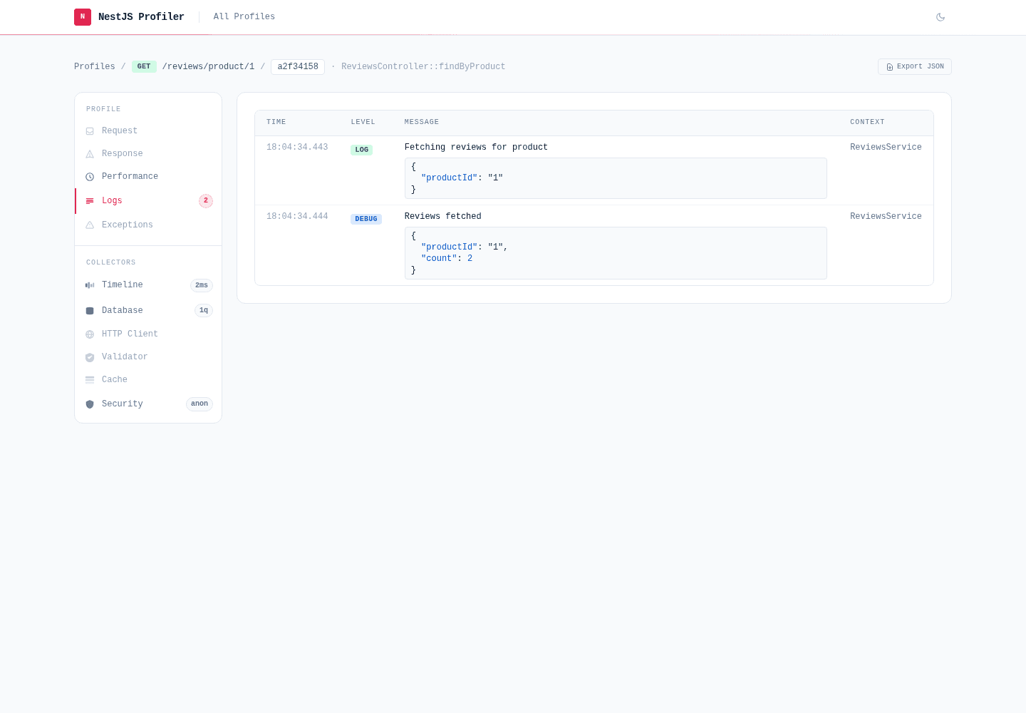 Logs tab showing messages with context names and structured JSON payloads