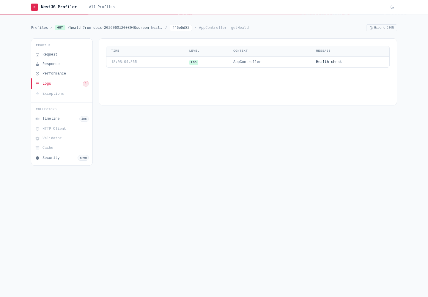 Logs tab with one log entry captured during the request