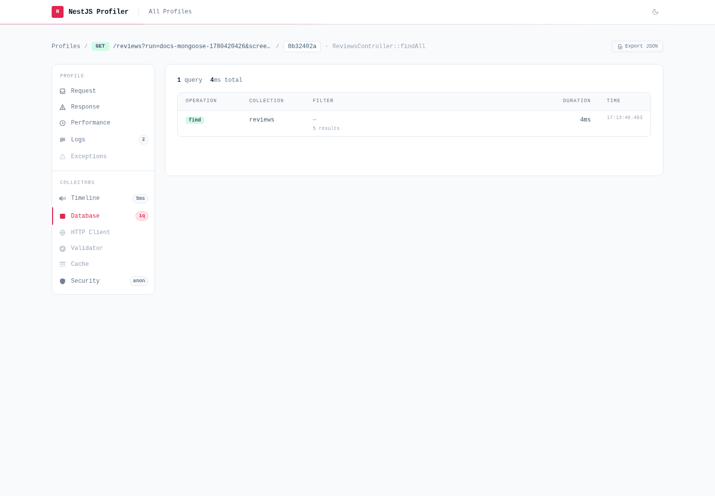 MongoDB tab showing a profiled Mongoose query with collection, operation and duration