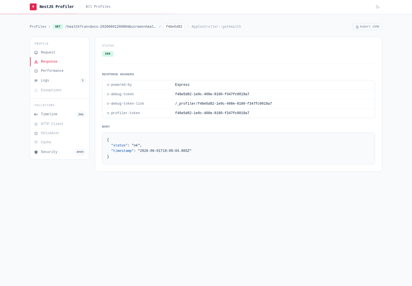 Response tab showing status, headers, and JSON body