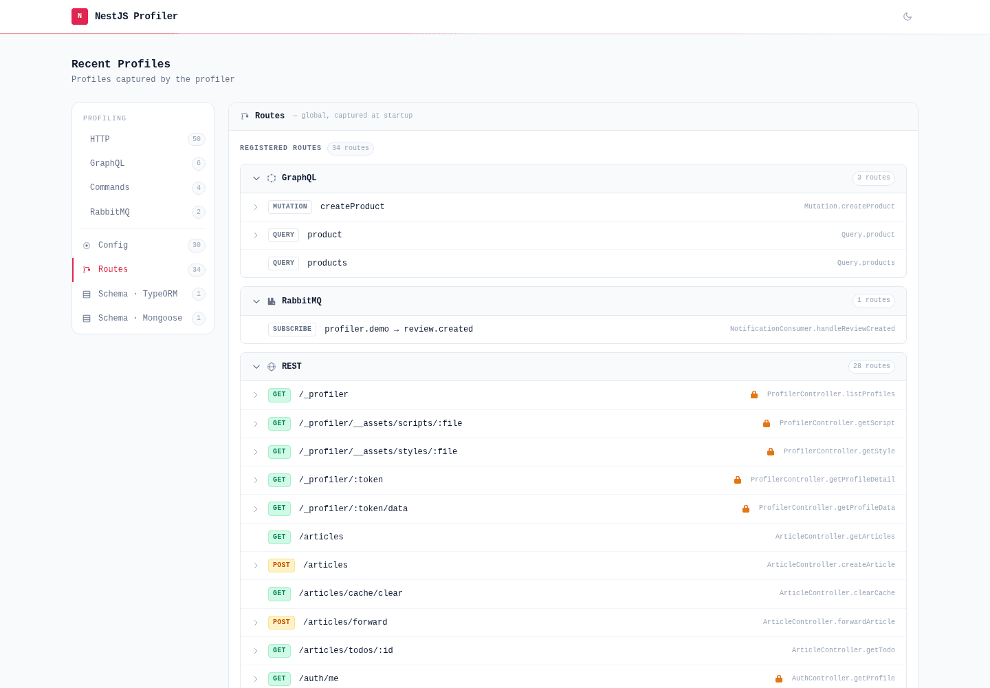 Routes view — the application routing table grouped by transport (REST, GraphQL, RabbitMQ, Commands), with per-route inputs, body DTOs and a lock on guarded routes