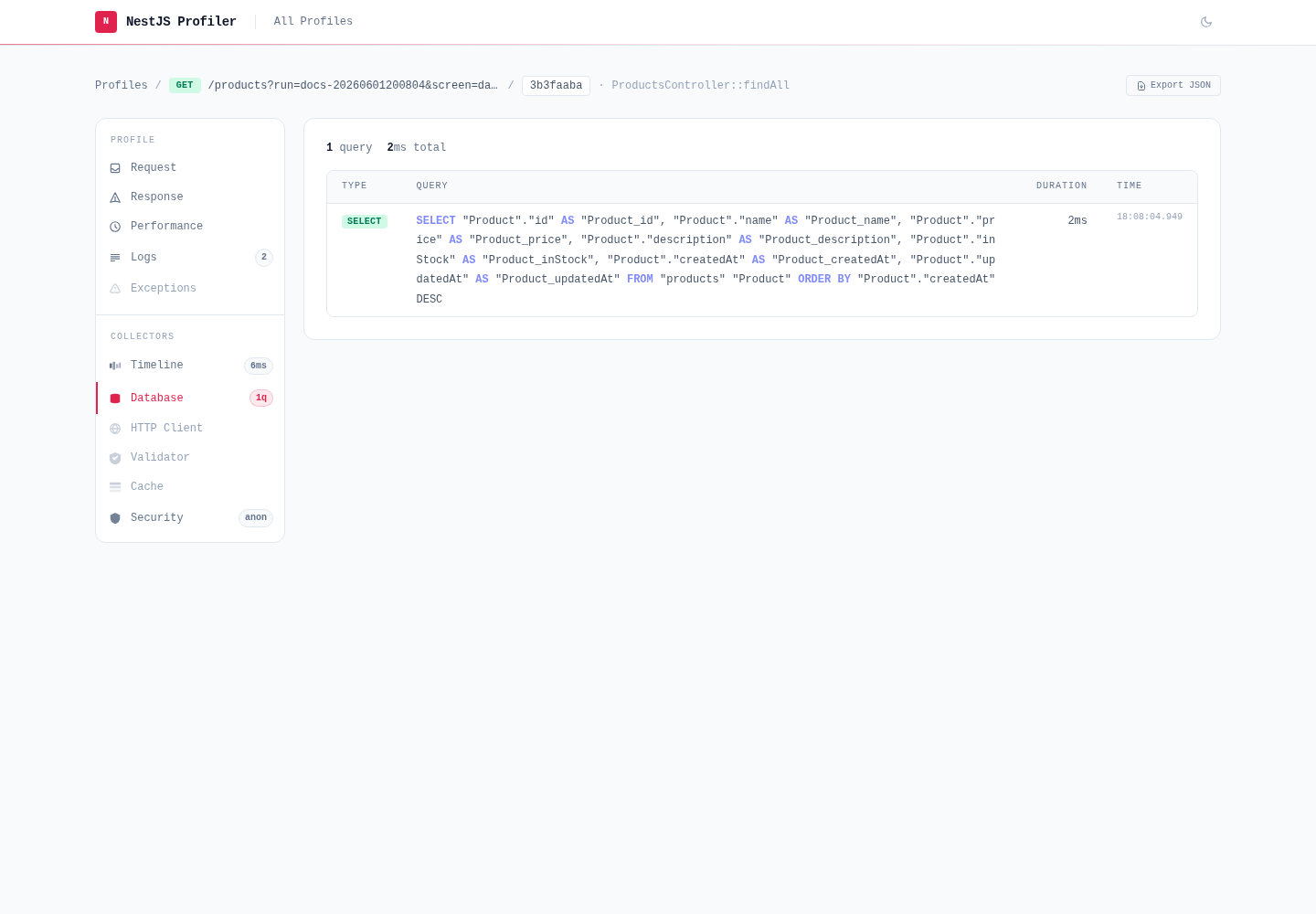 Database panel with profiled SQL queries
