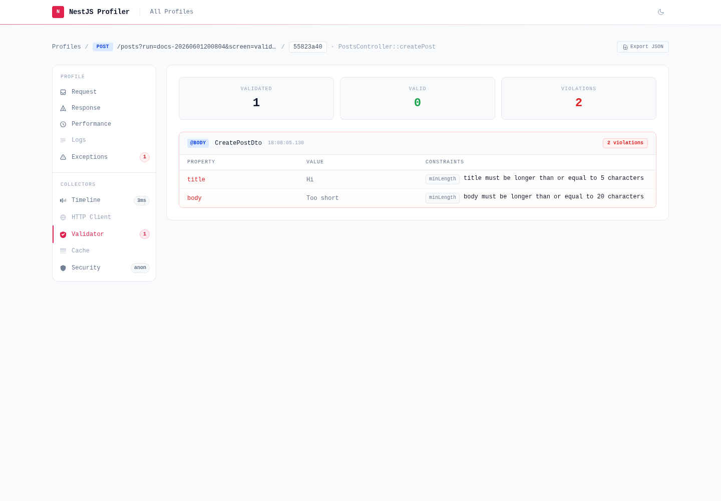 Validator panel with constraint violations